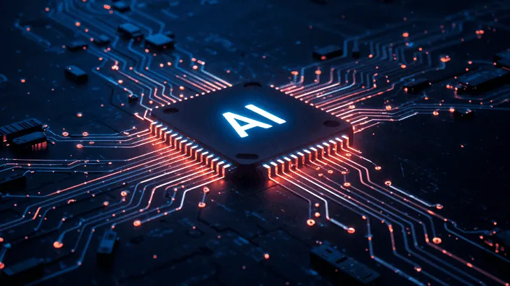 Czip AI jako technologia na środku grafiki.