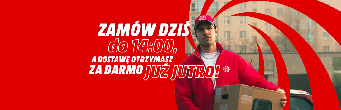 Zamów dziś do 22:00, a dostawę otrzymasz za darmo już jutro!". Mężczyzna trzyma karton na tle bloków.