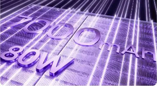 Srebrne cyfry "7000" i "80W" umieszczone na fioletowym, teksturowanym tle z pionowymi, jasnymi liniami. Obraz podkreśla dużą pojemność baterii (7000 mAh) oraz moc ładowania (80W).