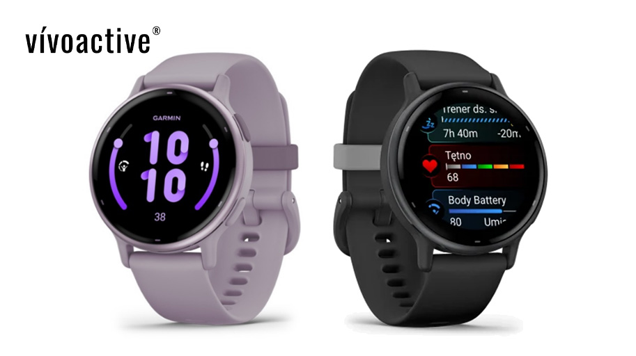 Na białym tle dwa zegarki Garmin vívoactive: fioletowy pokazuje godzinę 10:10, czarny wyświetla dane tętna i baterii.