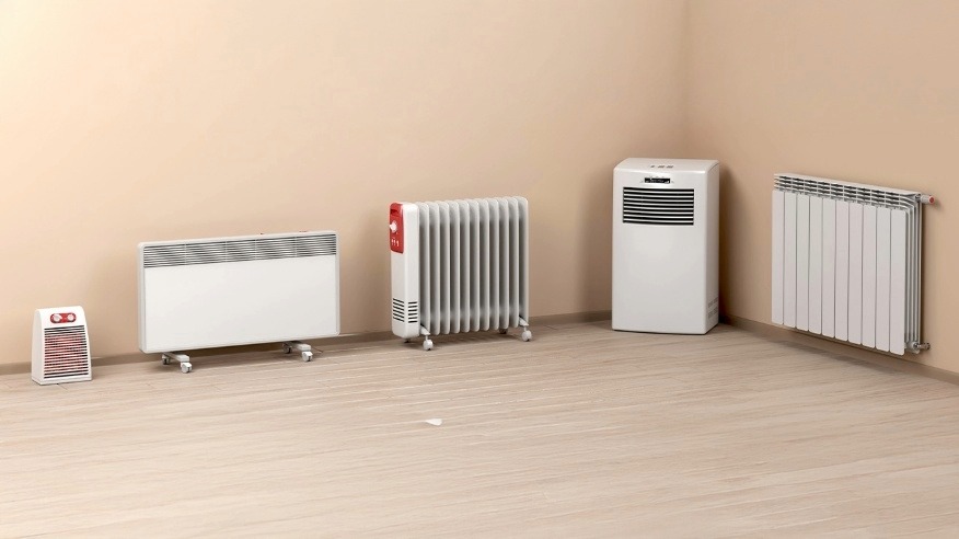 Pięć różnych rodzajów białych grzejników elektrycznych w rogu pokoju.