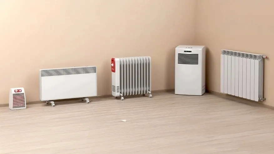 Pięć różnych rodzajów białych grzejników elektrycznych w rogu pokoju.