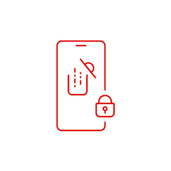 Czerwony obrys telefonu z ikoną wiadomości przekreśloną linią i symbolem zamkniętej kłódki w prawym dolnym rogu ekranu.