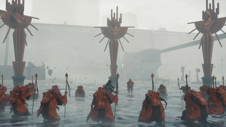 Sam Bridges w otoczeniu pomarańczowych istot w Death Stranding 2