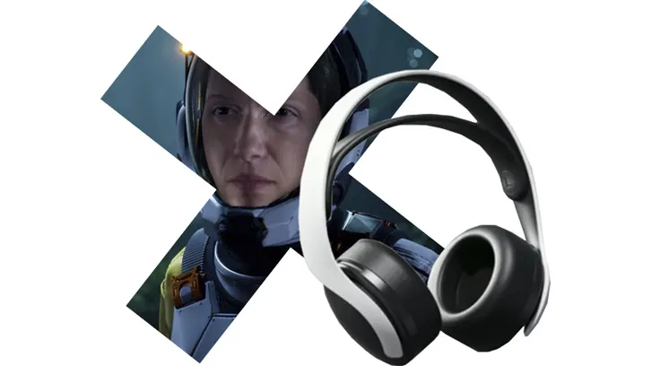 Na białym tle widoczne są czarne słuchawki z białym paskiem oraz w tle zdjęcie osoby w kombinezonie.