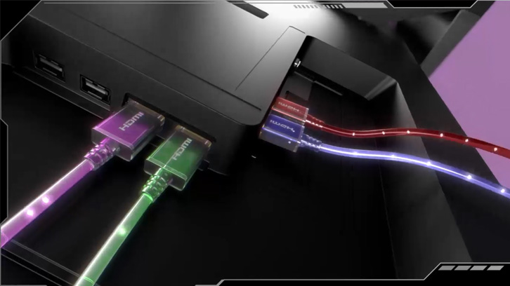 Szereg kolorowych kabli HDMI podłączonych do systemu