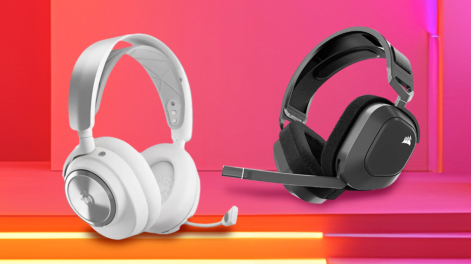 Na zdjęciu widać białe i czarne słuchawki z mikrofonami na tle w kolorach czerwonym, różowym i pomarańczowym.