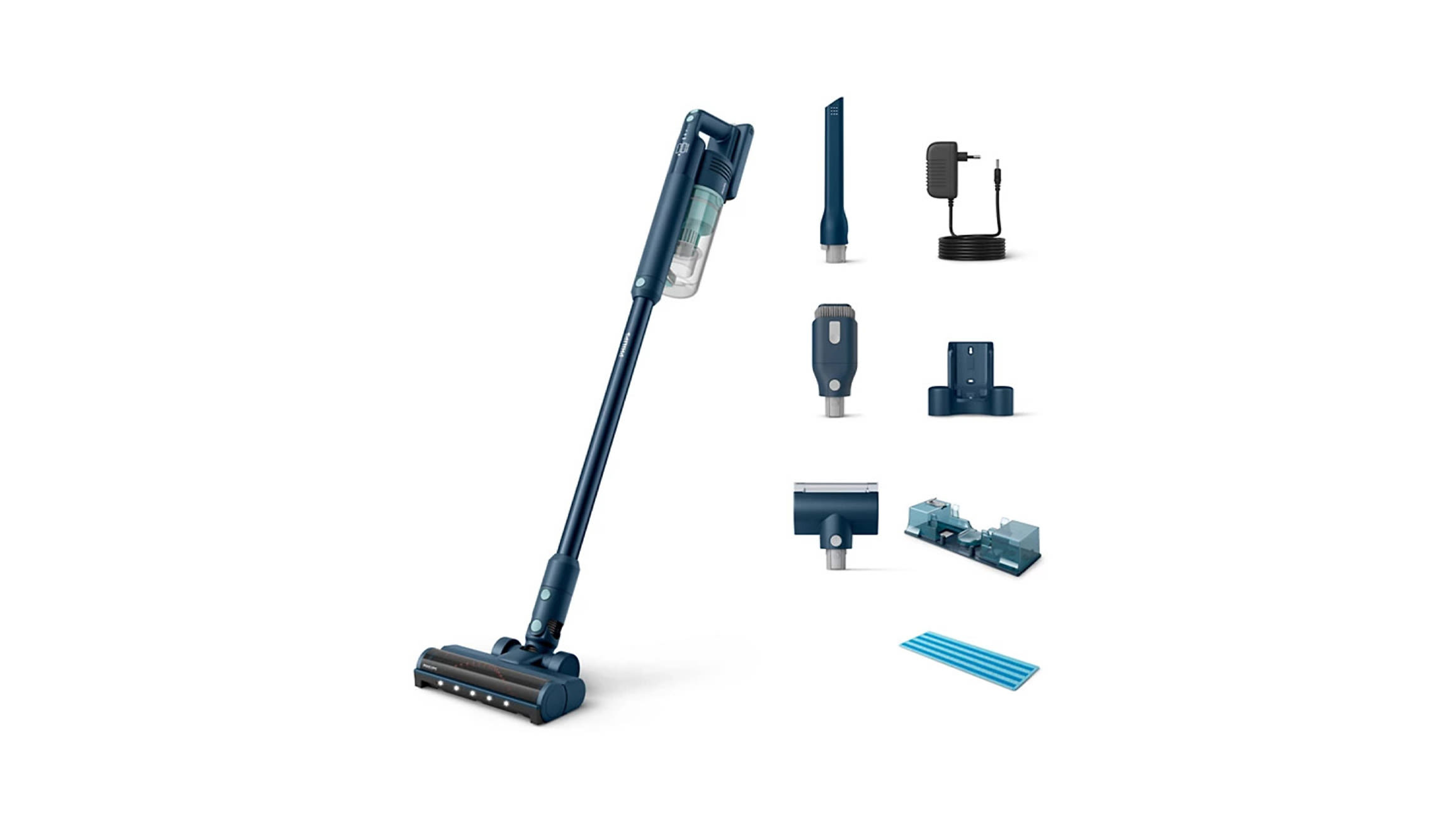 Niebieski odkurzacz bezprzewodowy Philips Aqua 5000 z długą rurą i szczotką obrotową, pokazany pod kątem ze szczotkami w zestawie na białym tle.