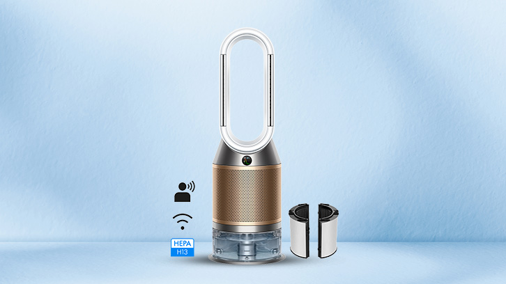 Na niebieskim tle nzajduje się DYSON Purifier Humidify+Cool™ PH2 De-NOx