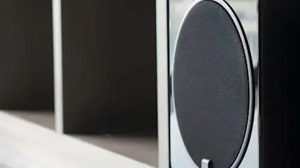 Na pierwszym planie głośnik. W tle półki z przegródkami, niektóre z nich są puste.