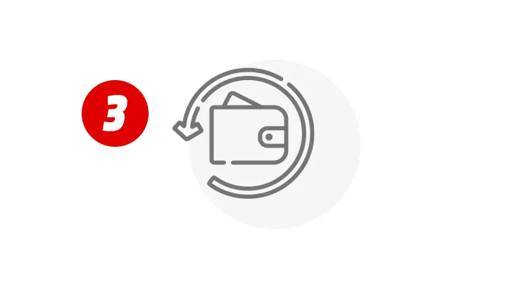 Na białym tle czerwone koło z białą cyfrą 3, obok portfel otoczony szarym okręgiem ze strzałką.