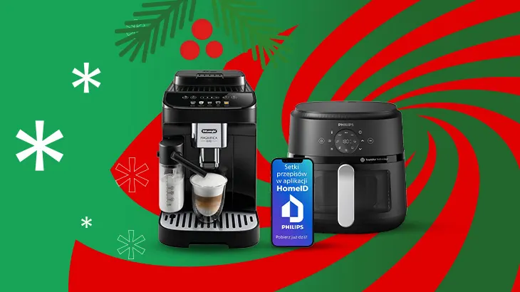 Ekspres do kawy, frytkownica i telefon na tle zielono-czerwonym. Telefon wyświetla aplikację Philips HomeID.