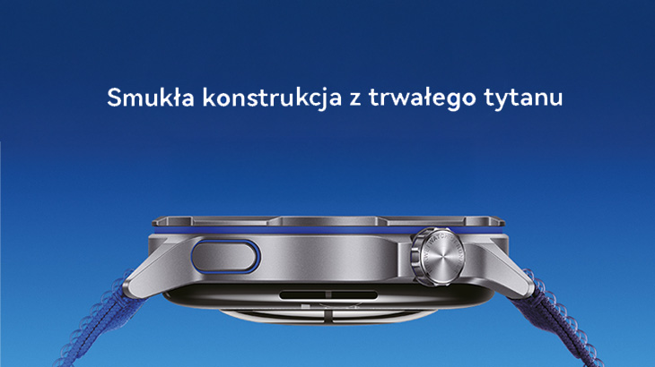 Smukła konstrukcja z trwałego tytanu. Smartwatch na niebieskim tle.