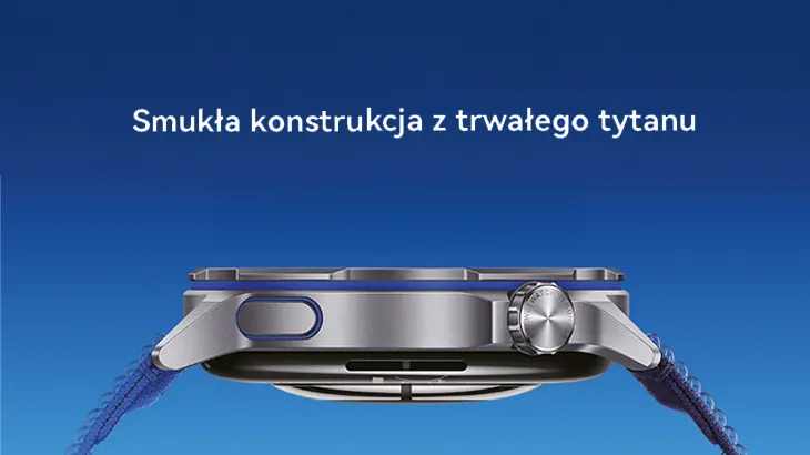 Smukła konstrukcja z trwałego tytanu. Smartwatch na niebieskim tle.