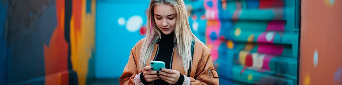 Kobieta używa telefonu na tle kolorowego graffiti. Nosi brązową kurtkę i czarny golf. Tło ma niebieskie, różowe i turkusowe akcenty.