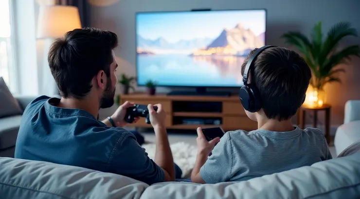 Dwóch mężczyzn siedzi na kanapie, jeden gra na konsoli, drugi używa telefonu, w tle telewizor z górskim krajobrazem.