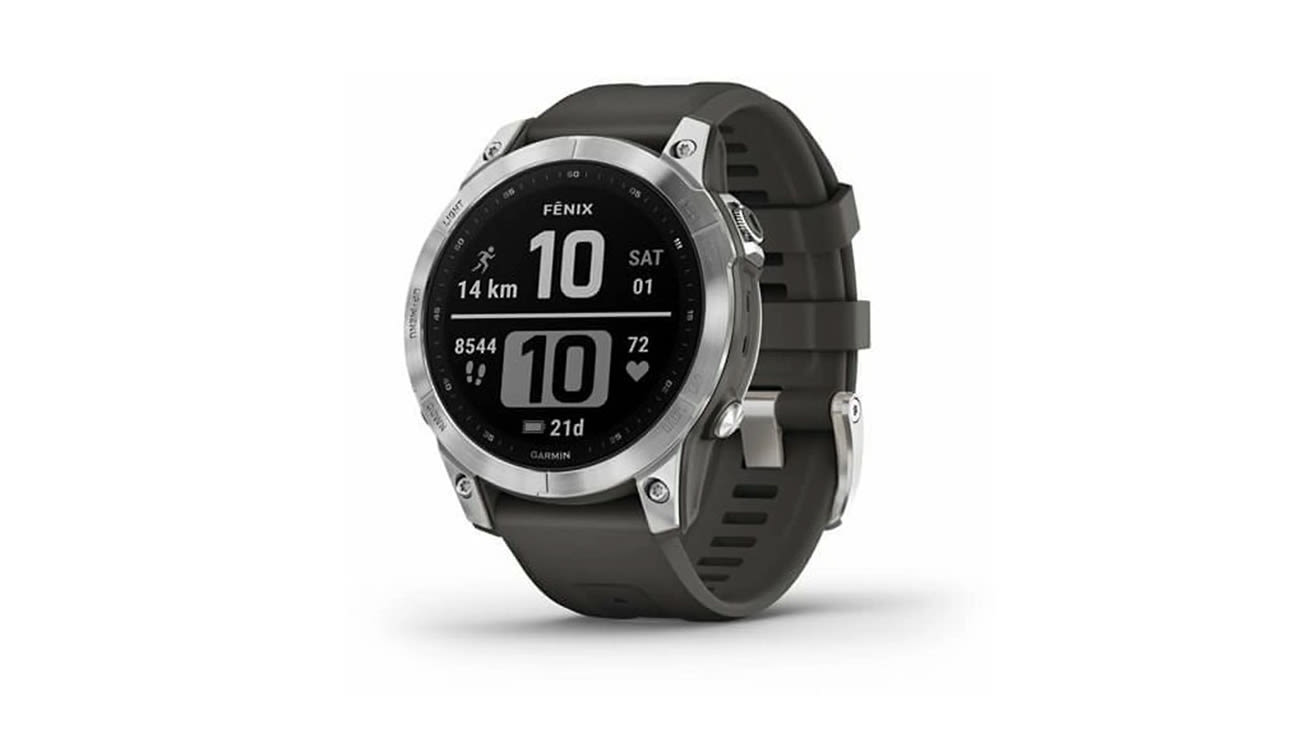 Srebrny z grafitowym paskiem smartwatch Garmin Fenix 7 z okrągłym wyświetlaczem i silikonowym paskiem, pokazany z przodu na białym tle.