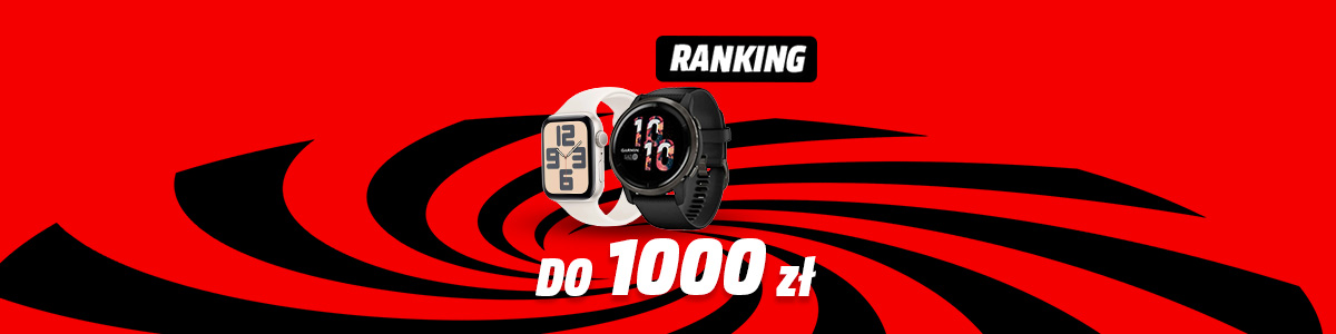 Na czerwonym tle dwa zegarki: biały kwadratowy i czarny okrągły. Nad nimi napis "RANKING", pod nimi "DO 1000 zł". Tło z czarnymi, zakrzywionymi liniami.