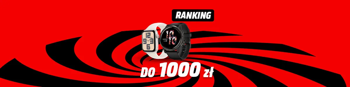 Na czerwonym tle dwa zegarki: biały kwadratowy i czarny okrągły. Nad nimi napis "RANKING", pod nimi "DO 1000 zł". Tło z czarnymi, zakrzywionymi liniami.