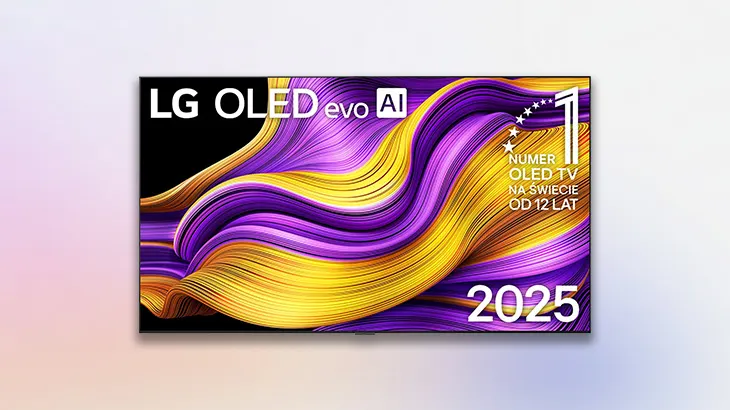 Telewizor LG na różowo fioletowym tle.