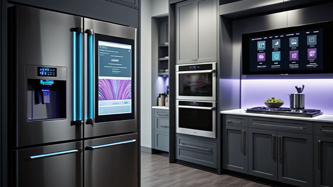 Nowoczesna kuchnia z lodówką z ekranem, piekarnikiem, szafkami i telewizorem. Na blacie misa z jedzeniem i garnek.