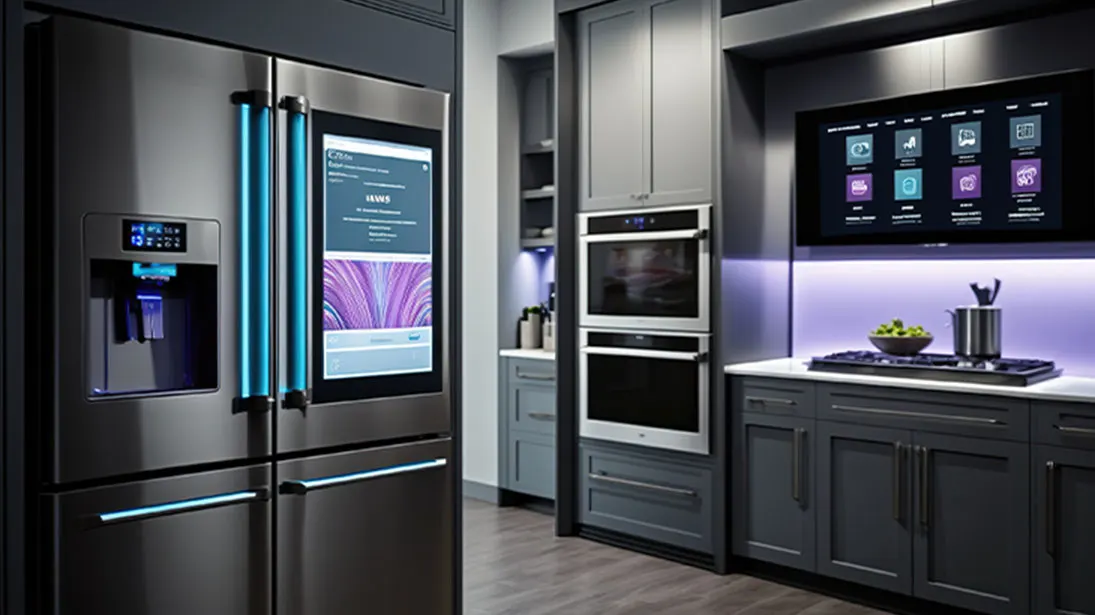 Nowoczesna kuchnia z lodówką z ekranem, piekarnikiem, szafkami i telewizorem. Na blacie misa z jedzeniem i garnek.