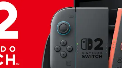 Logo Nintendo Switch 2 na czerwonym tle i szary kontroler z pomarańczowymi akcentami.