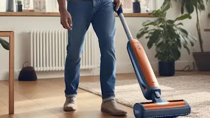 Mężczyzna odkurza dywan odkurzaczem pionowym w salonie. Widoczne rośliny, sofa i stolik.