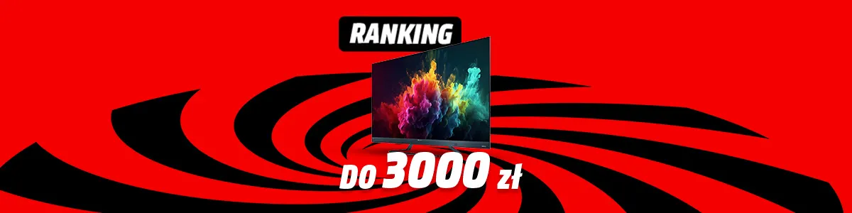 Grafika telewizora na tle czerwono-czarnego wiru. Napis: Ranking do 3000 zł. 