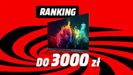 Grafika telewizora na tle czerwono-czarnego wiru. Napis: Ranking do 3000 zł.