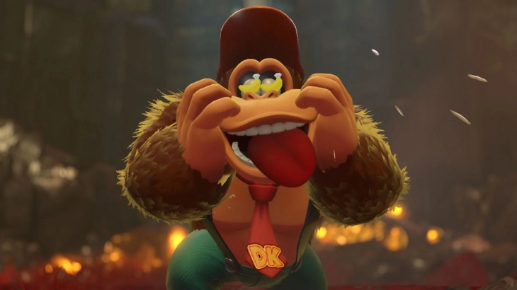 Donkey Kong wyciąga język i łapie się za policzki