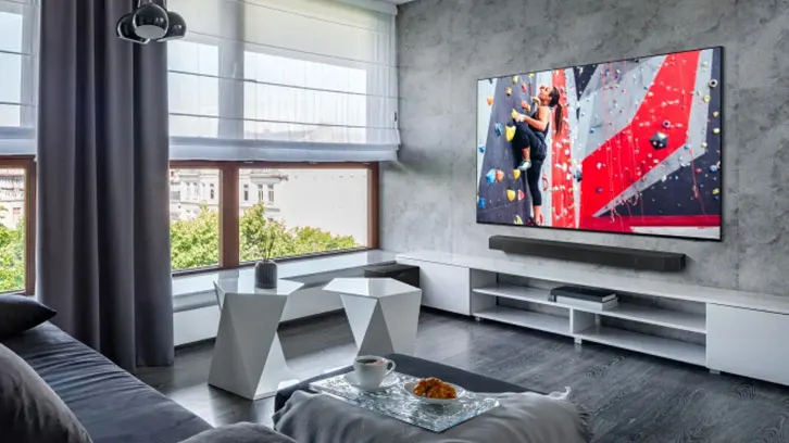 Salon z szarą sofą, stolikami, telewizorem z obrazem wspinaczki. Widok z okna na budynki i zieleń.