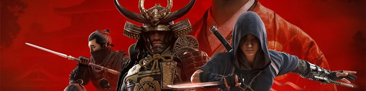 Na czerwonym tle widoczni są samuraj w zbroi, ninja z kataną na plecach oraz wojownik z mieczem, wszyscy w gotowości bojowej.