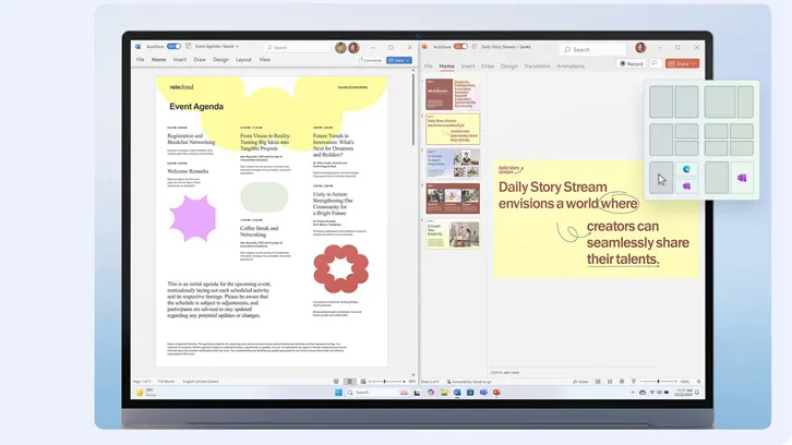 Ekran laptopa wyświetla aplikację z tekstem, grafikami i menu. Po prawej stronie paleta opcji. Żółte tło z tekstem "Daily Story Stream".