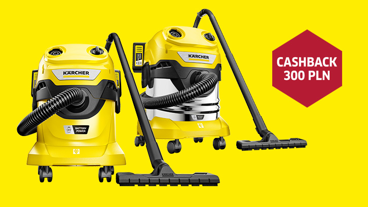 Dwa żółte odkurzacze Karcher na żółtym tle. Po prawej stronie czerwony znak z napisem "Cashback 300 PLN".