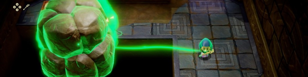 Gra wideo ukazuje zielony strumień energii łączący postać z kamiennym obiektem na tle kwadratowej podłogi.