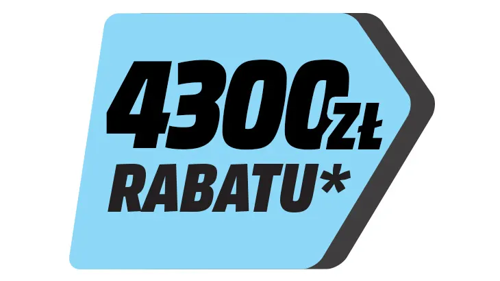 Niebieska strzałka z czerwoną obwódką informuje o rabacie 4300 zł. Napis czarną czcionką.