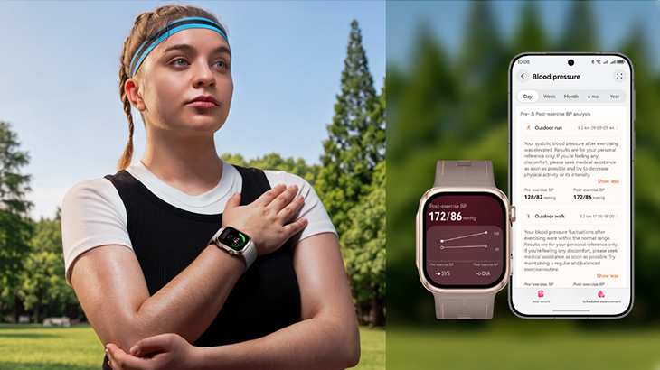 Kobieta w stroju sportowym z Huawei D3 na ręce oraz smartwatch mierzący ciśnienie i smartfon pokazujący wyniki pomiaru.