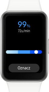 Zegarek z czarnym ekranem pokazuje 99% baterii, 72u/min i niebieski pasek postępu. Na dole jest szary przycisk "Oznacz".