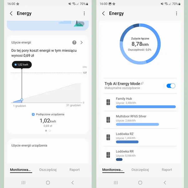 Dwa ekrany smartfona pokazują aplikację energii. Wykres zużycia, łączne zużycie 8,78 kWh i lista urządzeń z użyciem energii.