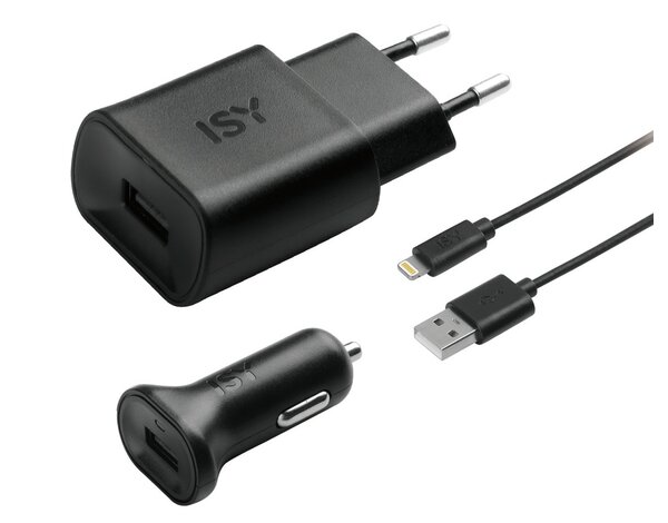 Na białym tle znajdują się czarne ładowarki: sieciowa, samochodowa i dwa kable USB.