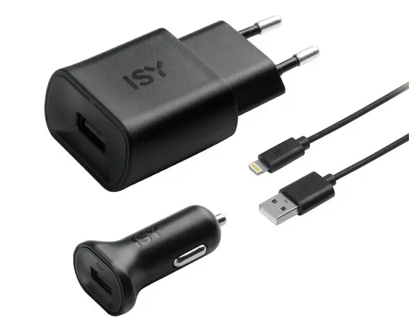 Na białym tle znajdują się czarne ładowarki: sieciowa, samochodowa i dwa kable USB.