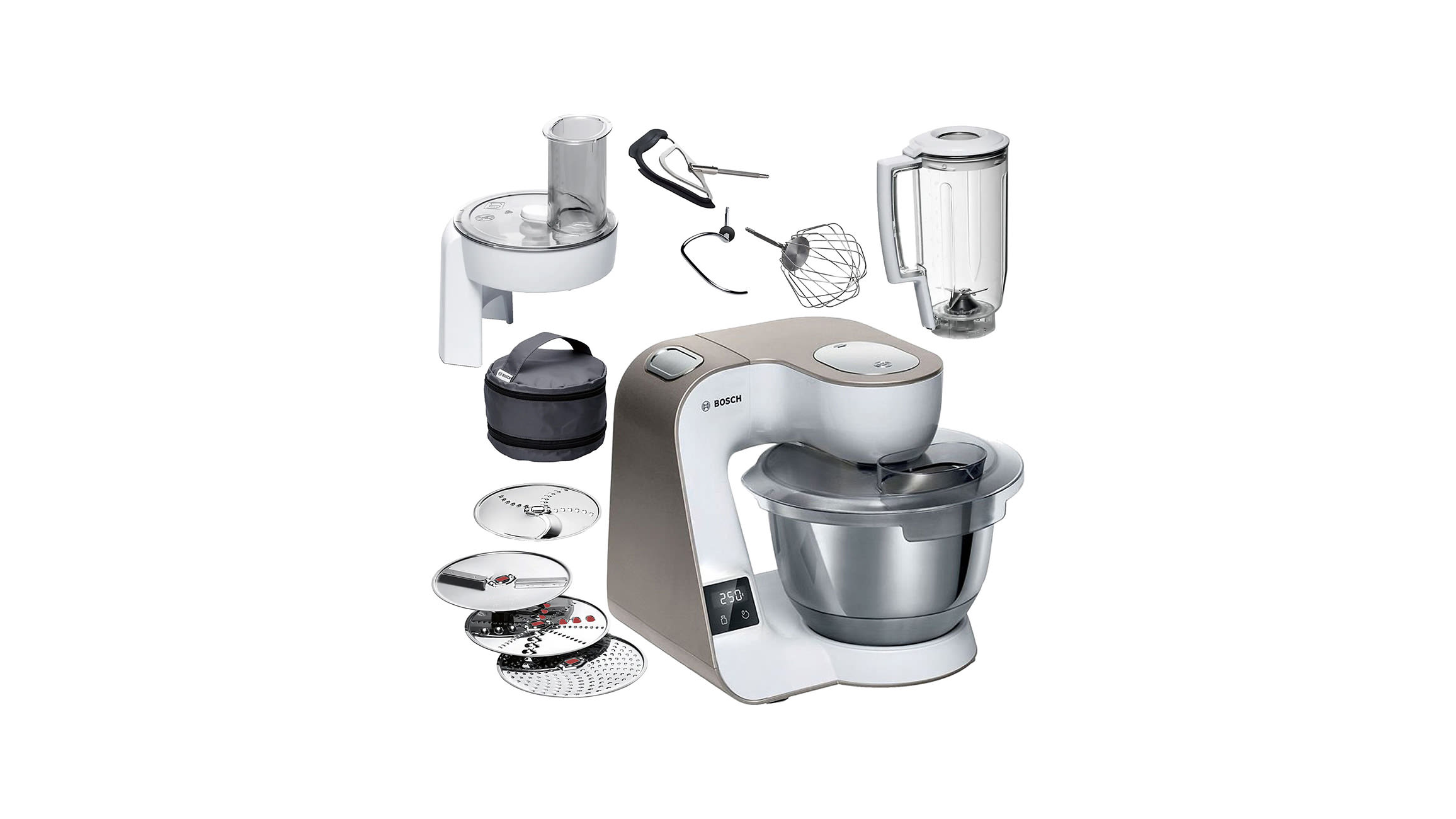Biały robot kuchenny Bosch z dużą stalową misą i różnymi końcówkami do mieszania, ustawiony na białym tle.