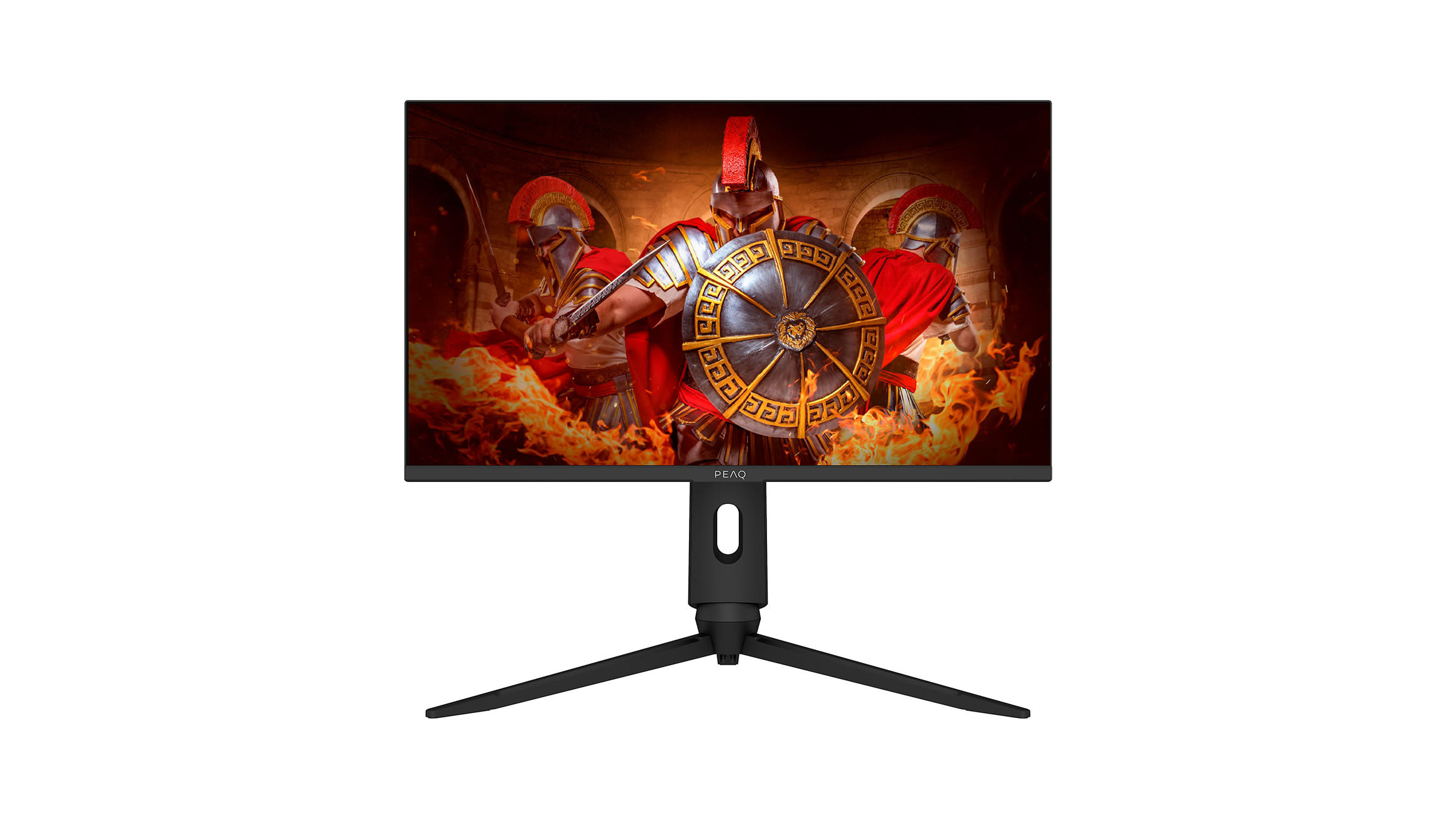 24-calowy monitor PEAQ z cienkimi ramkami, wyświetlacz Full HD na czarnym stojaku, pokazany na białym tle.
