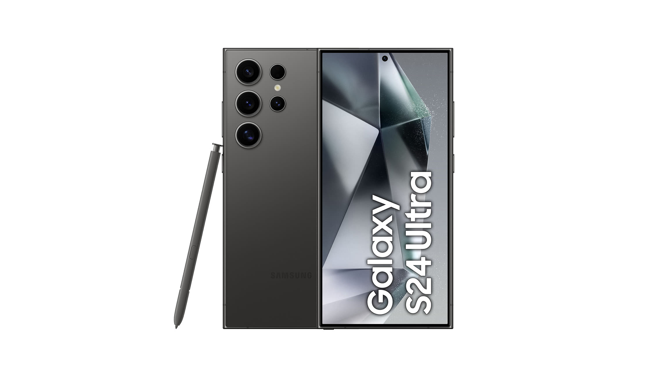 Czarny smartfon Samsung Galaxy S24 Ultra 5G w wersji Titanium Black, widok z przodu i tyłu urządzenia – z dużym ekranem i poczwórnym aparatem fotograficznym.