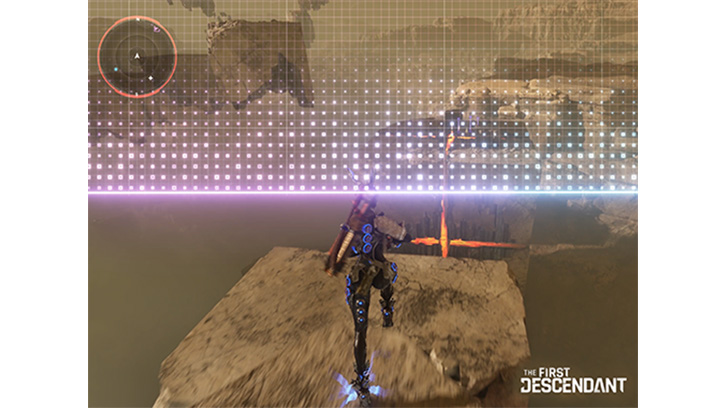 Gamingowy TV Samsung wyświetla scenę z gry The First Descendant z minimapą w rogu. TV wykrywa minimapę. Pokazane są różne opcje wyświetlania minimapy, w tym większy widok na tym samym ekranie oraz udostępnienie na inne urządzenie.