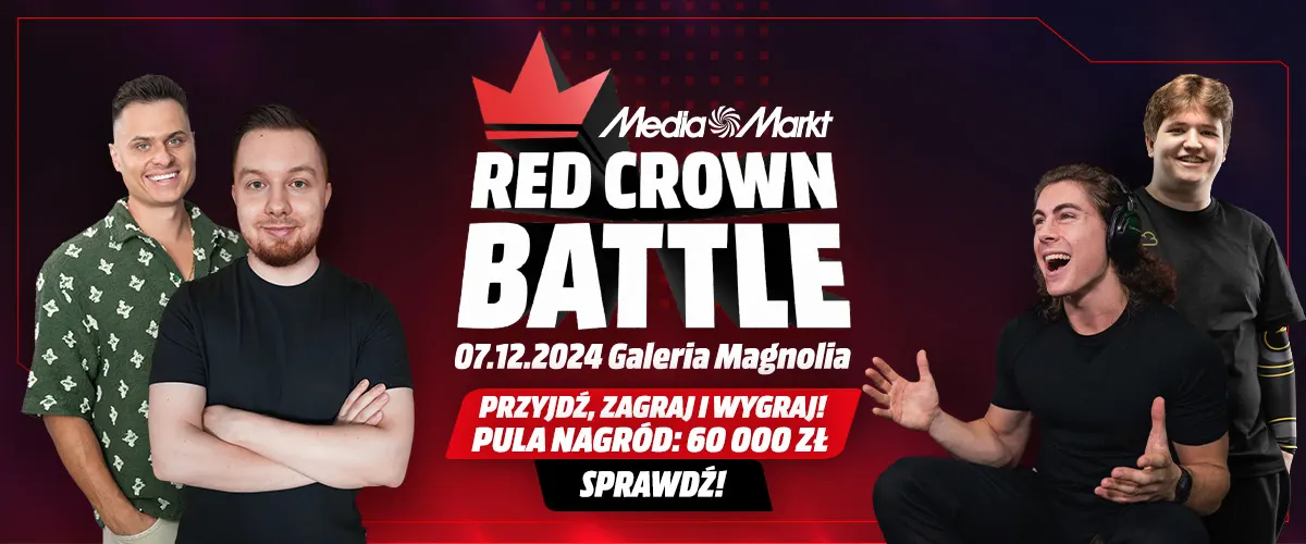 Na tle czerwieni i czerni plakat Media Markt Red Crown Battle. Widoczne osoby, data wydarzenia, hasła reklamowe i nagroda pieniężna.