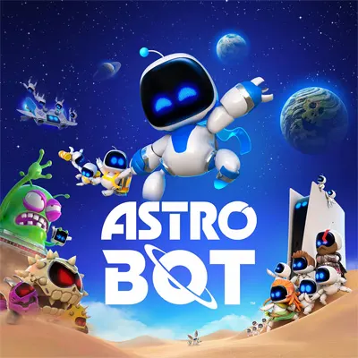 Na obrazie widnieje grafika z białym robotem na tle kosmosu i planety. Widoczne są też małe roboty i napis ASTRO BOT.