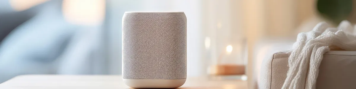 Na pierwszym planie stoi szary głośnik na stole. W tle widać kanapę z białym kocem i rozproszone światło.