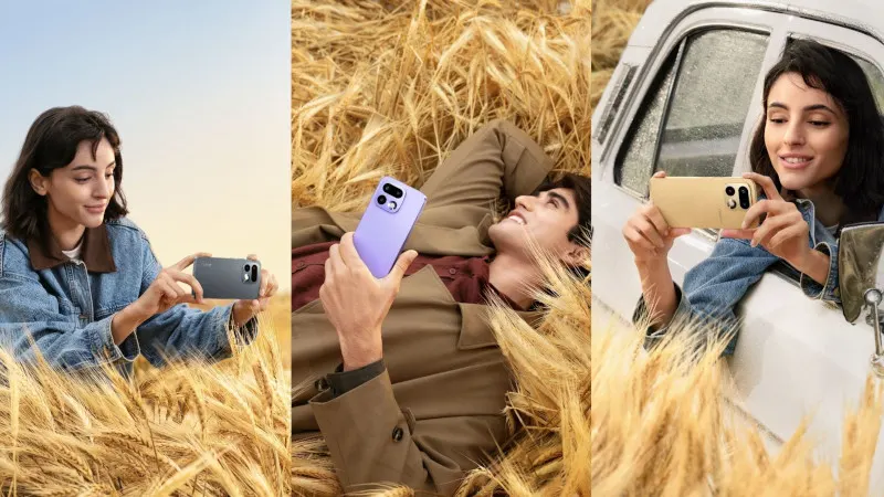 Trzy telefony Realme 16 Pro 5G w różnych kolorach (ciemnoszary, lawendowy, jasnogoldowy) z modelami pozującymi w polu pszenicy i w samochodzie.